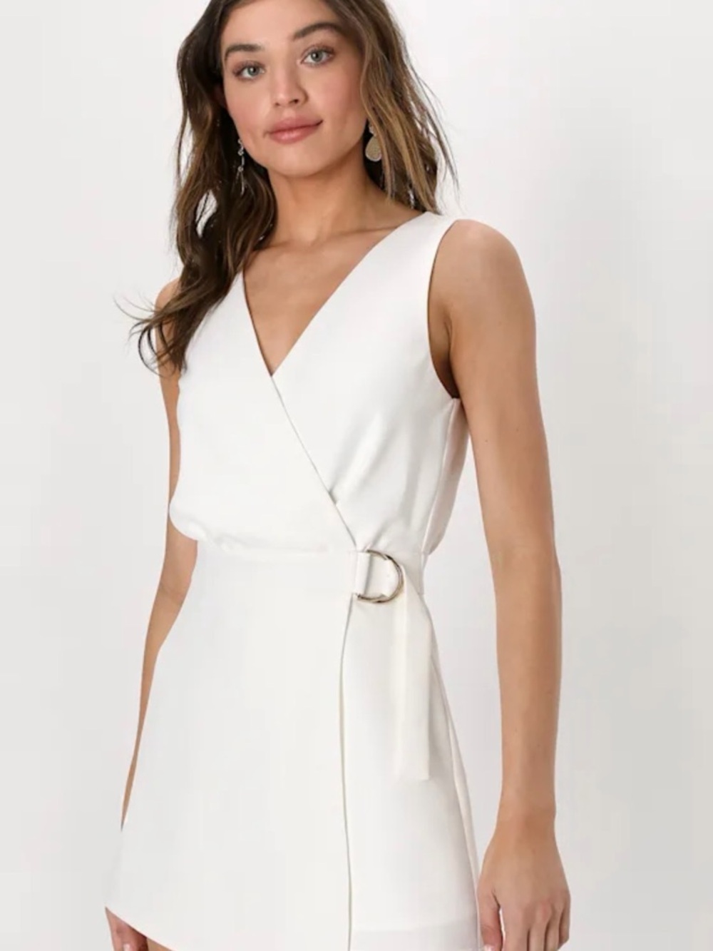 Sleeveless White Wrap Mini Dress with D-Ring Waist